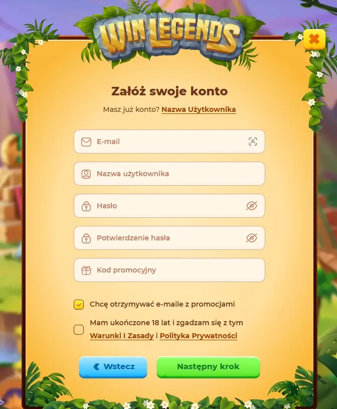 formularz rejestracyjny WinLegends Casino drugi krok